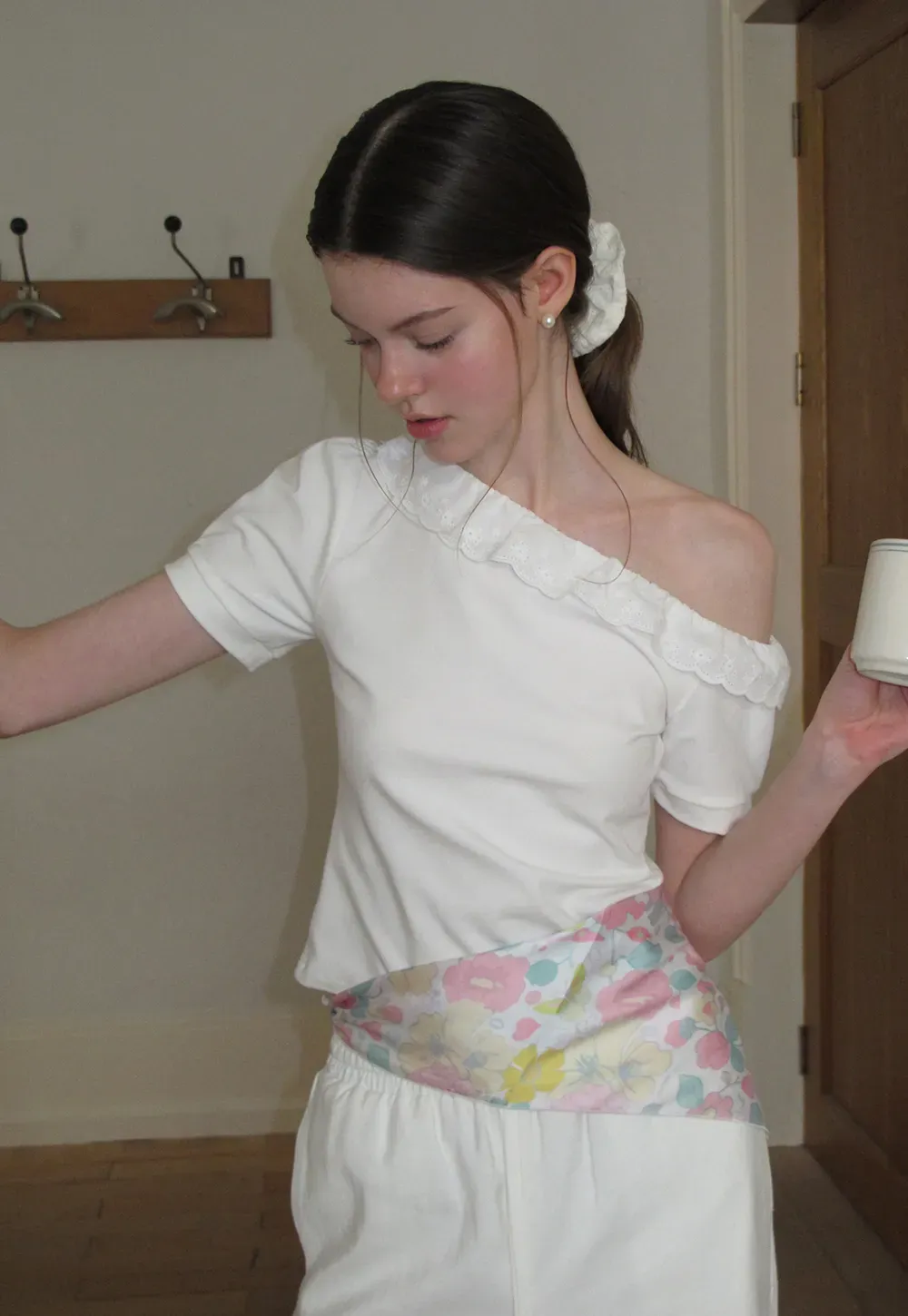 Asymmetrical Lace Trim Off Shoulder T Shirt