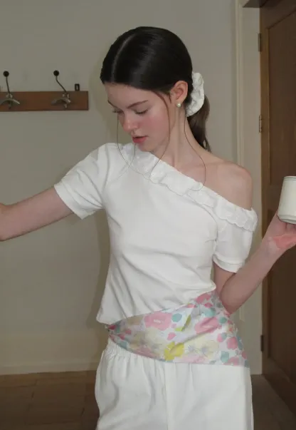 Asymmetrical Lace Trim Off Shoulder T Shirt