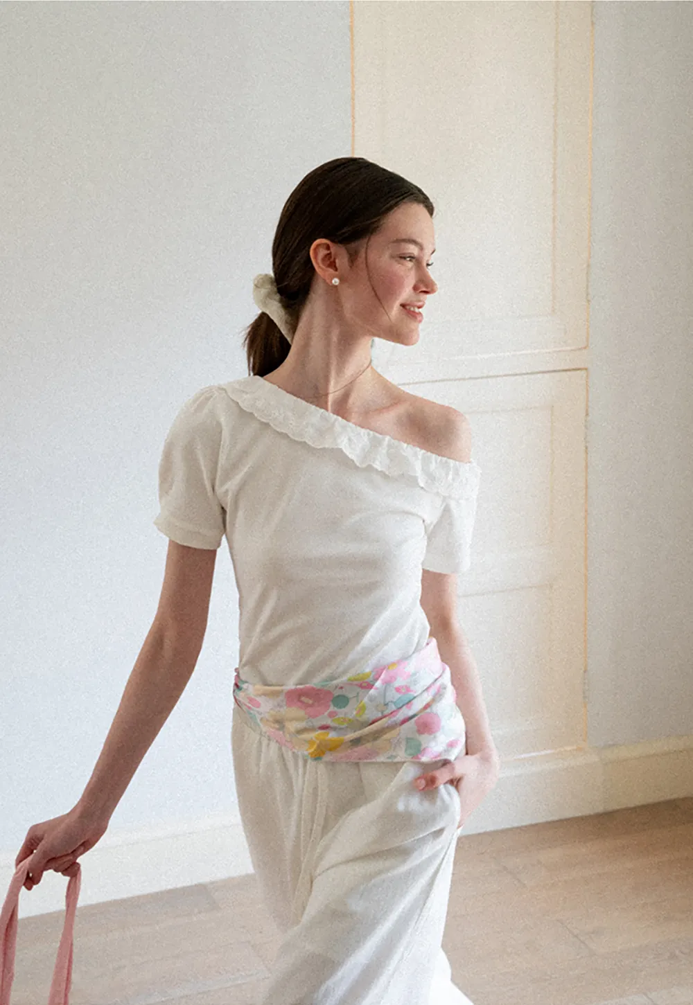 Asymmetrical Lace Trim Off Shoulder T Shirt