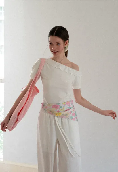 Asymmetrical Lace Trim Off Shoulder T Shirt