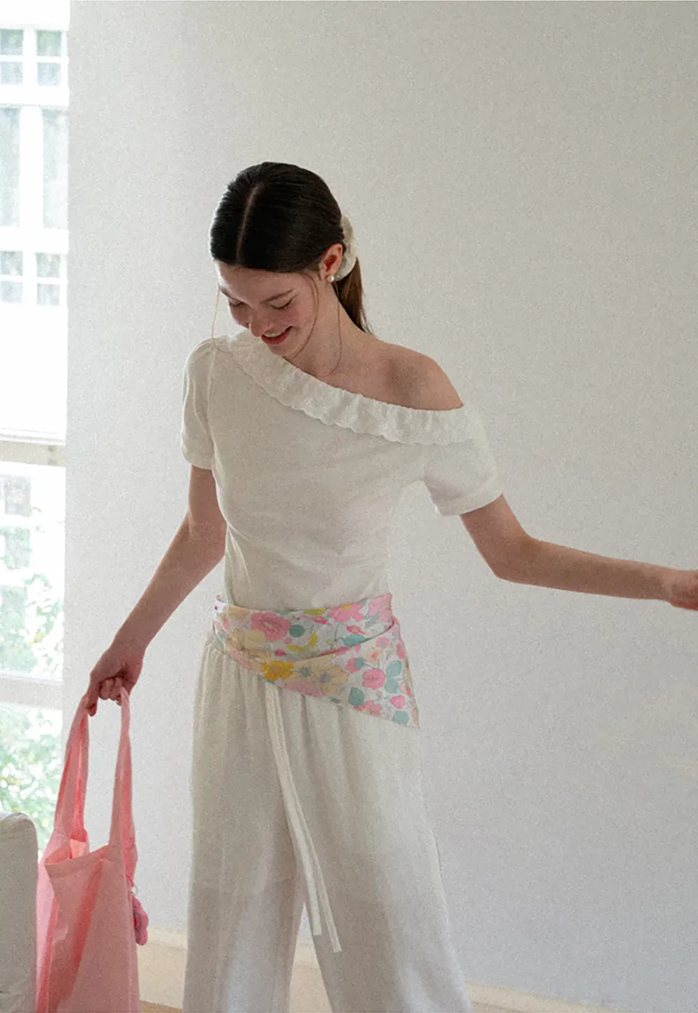 Asymmetrical Lace Trim Off Shoulder T Shirt