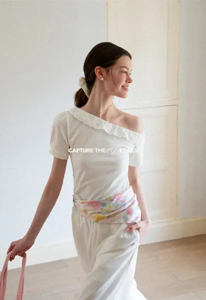 Asymmetrical Lace Trim Off Shoulder T Shirt