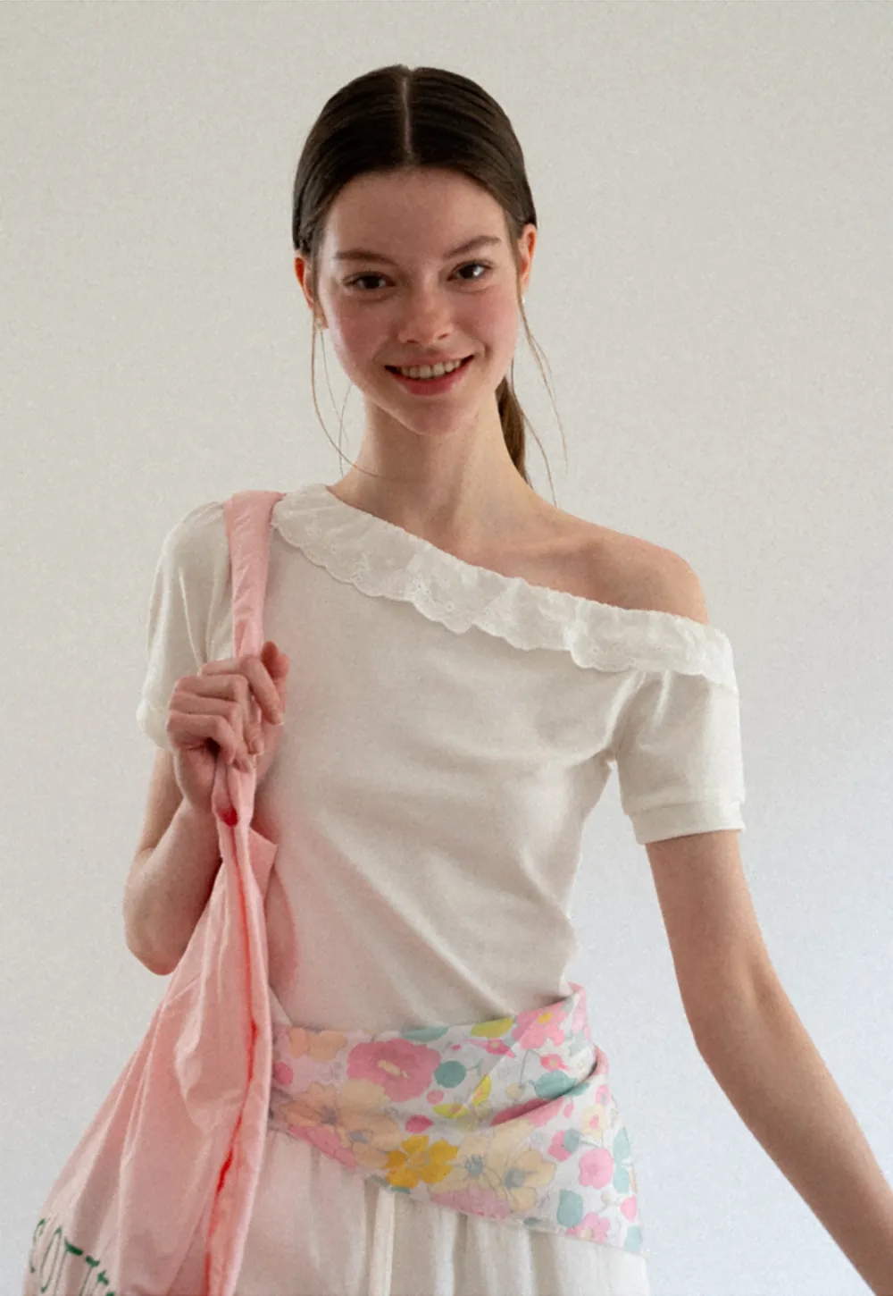 Asymmetrical Lace Trim Off Shoulder T Shirt