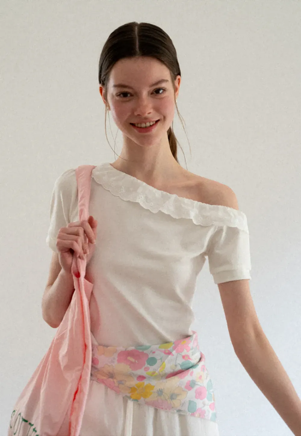 Asymmetrical Lace Trim Off Shoulder T Shirt