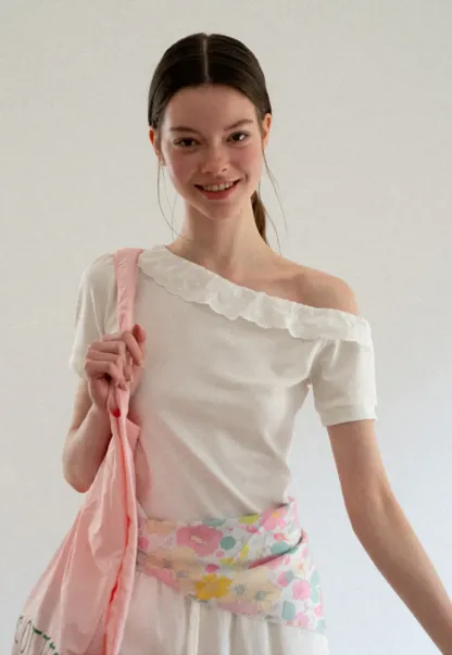 Asymmetrical Lace Trim Off Shoulder T Shirt