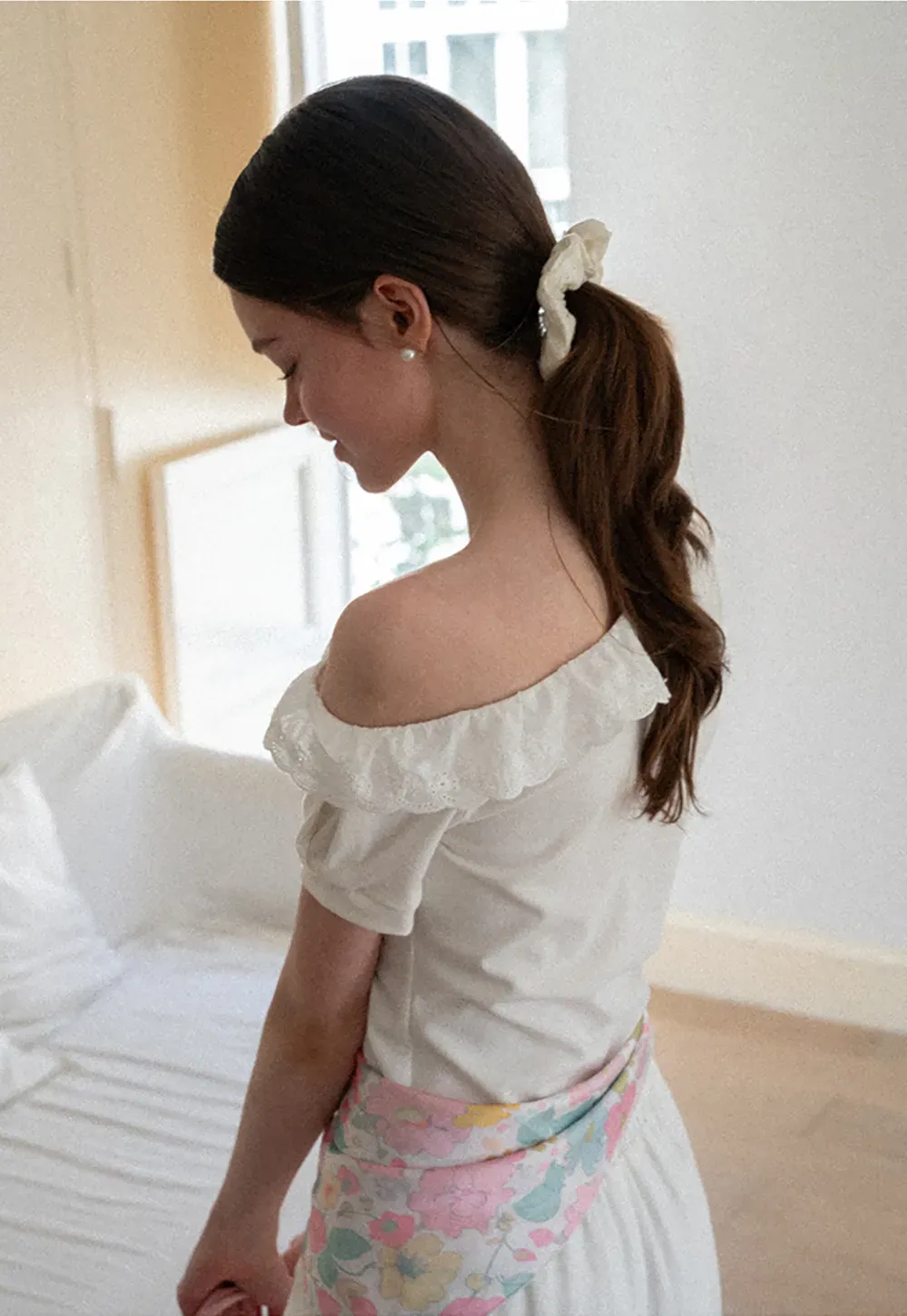 Asymmetrical Lace Trim Off Shoulder T Shirt