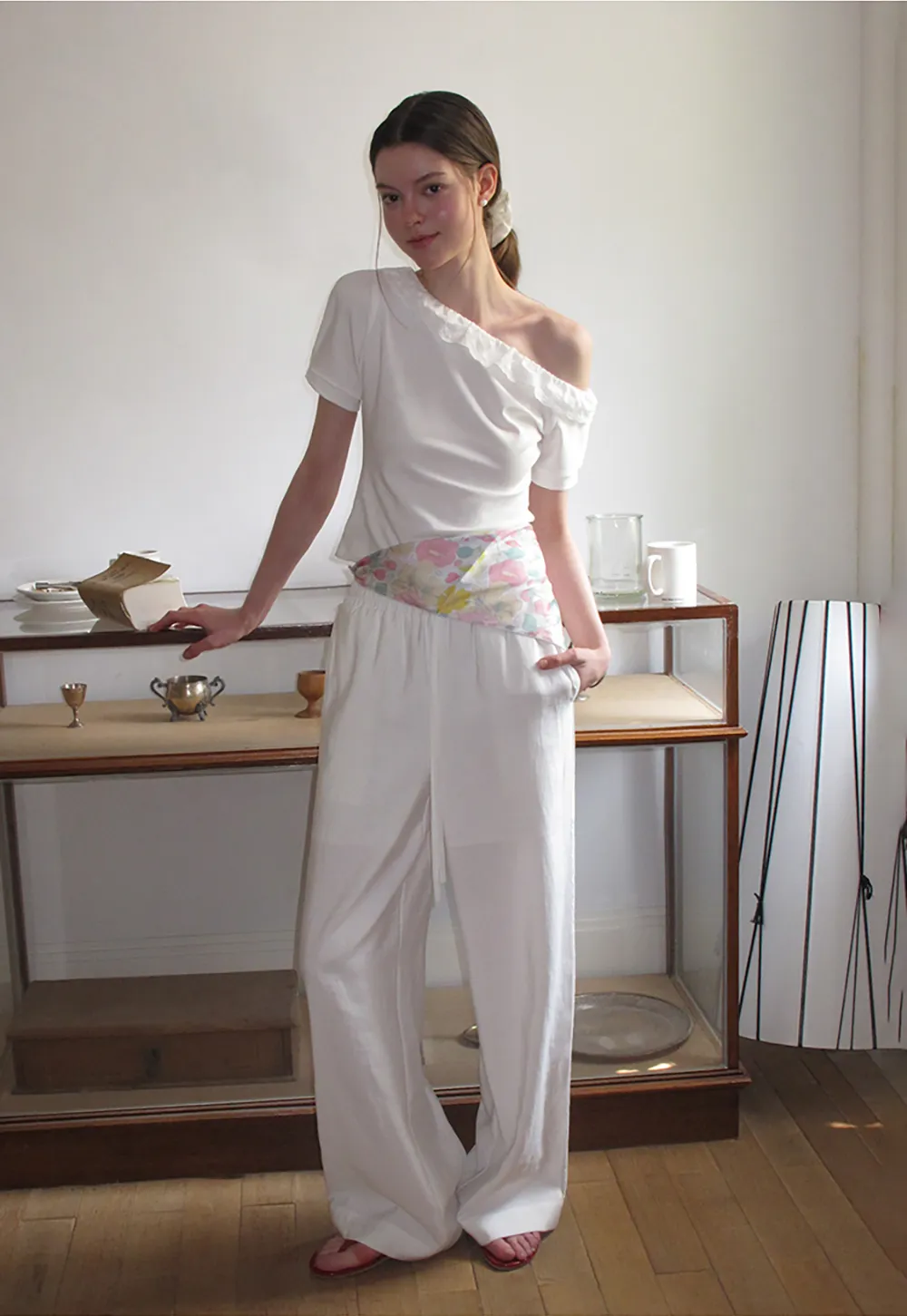 Asymmetrical Lace Trim Off Shoulder T Shirt