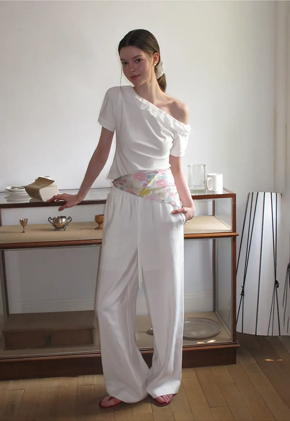 Asymmetrical Lace Trim Off Shoulder T Shirt