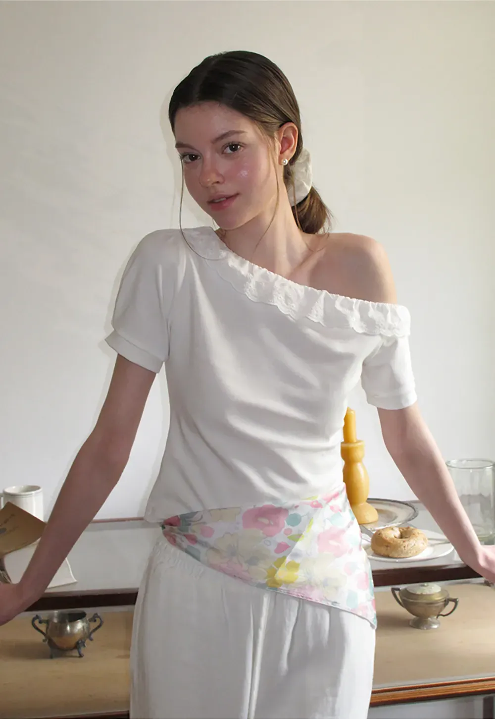 Asymmetrical Lace Trim Off Shoulder T Shirt