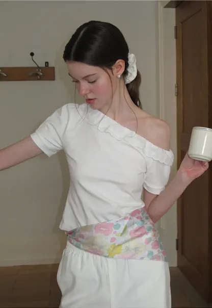 Asymmetrical Lace Trim Off Shoulder T Shirt