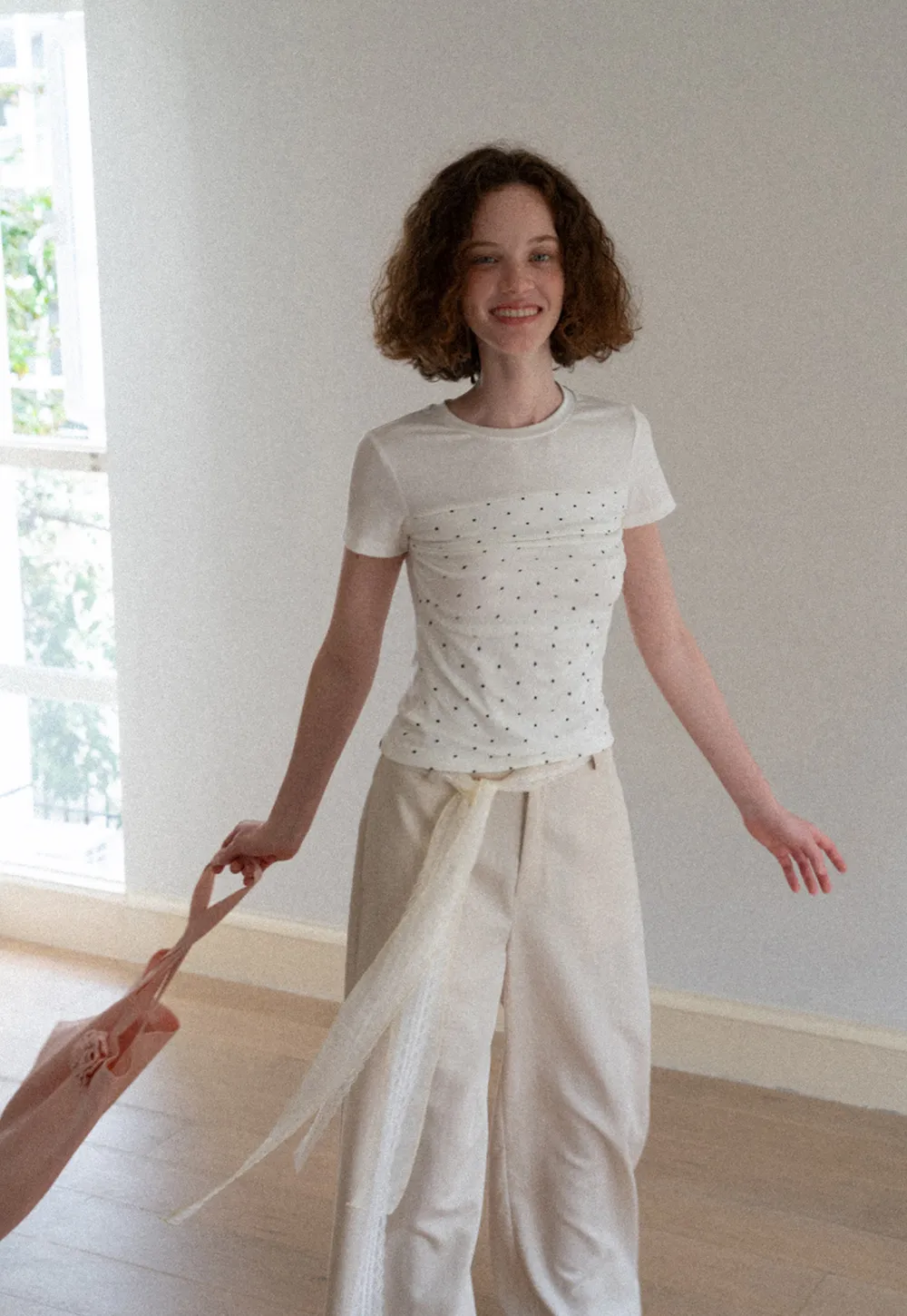 Polka Dot Mesh Panel Short Sleeve T Shirt