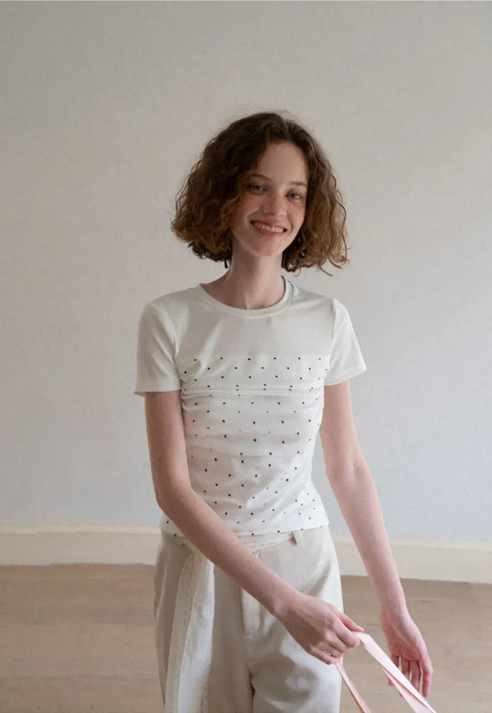 Polka Dot Mesh Panel Short Sleeve T Shirt