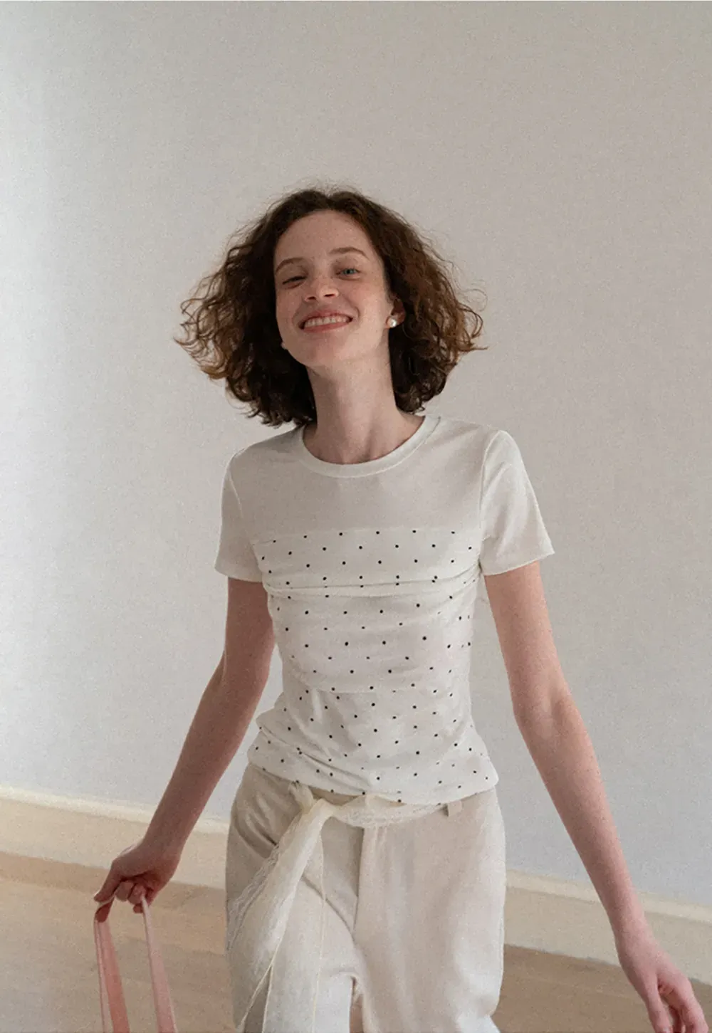 Polka Dot Mesh Panel Short Sleeve T Shirt