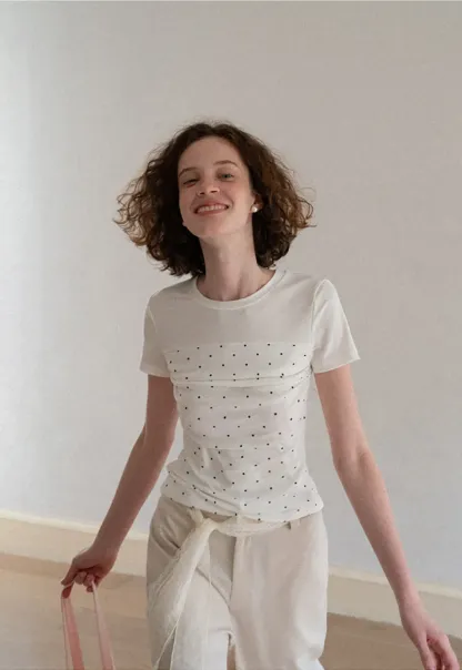 Polka Dot Mesh Panel Short Sleeve T Shirt