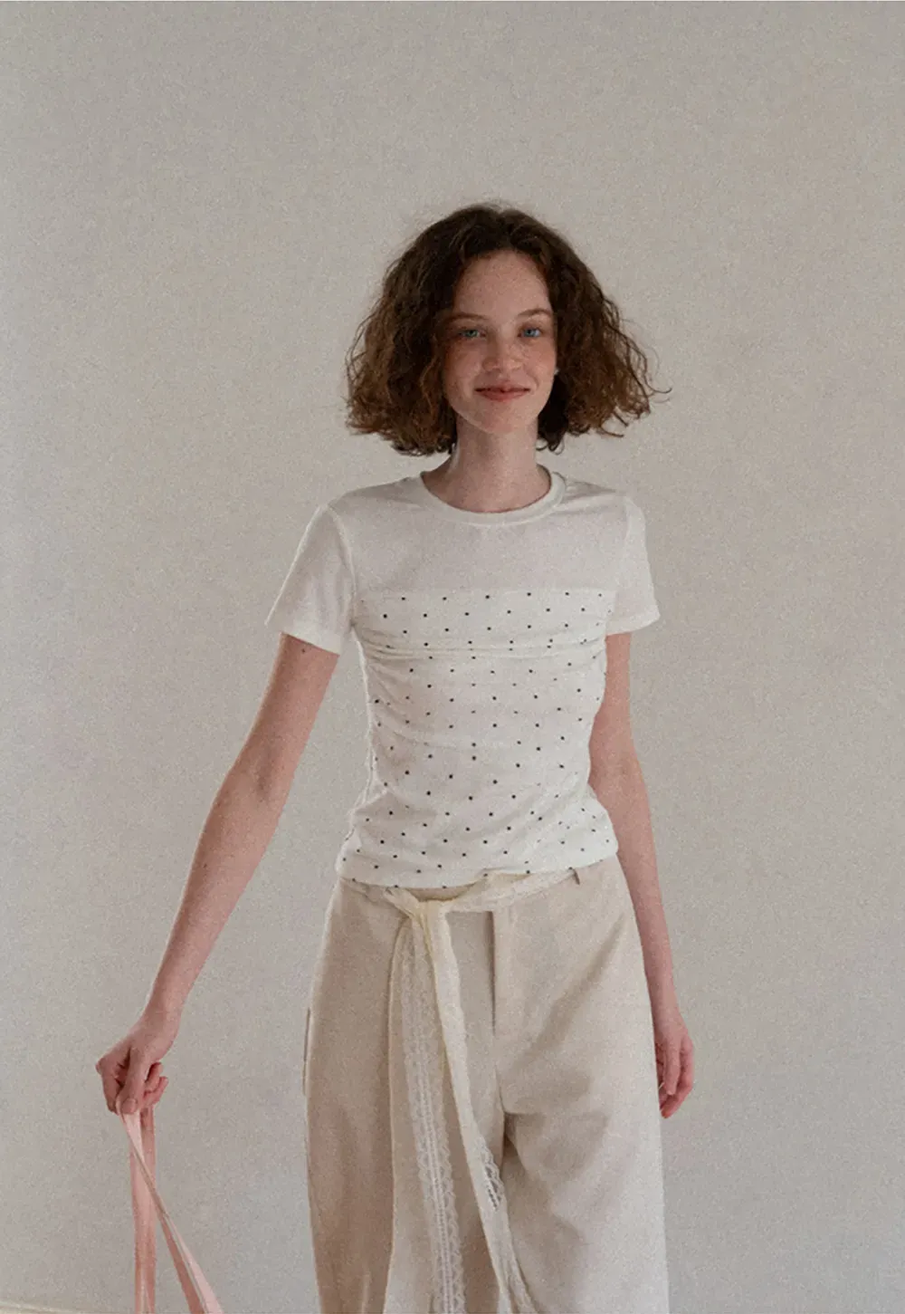 Polka Dot Mesh Panel Short Sleeve T Shirt