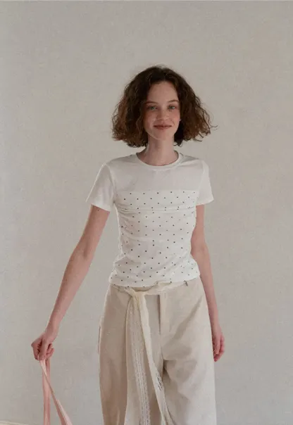 Polka Dot Mesh Panel Short Sleeve T Shirt