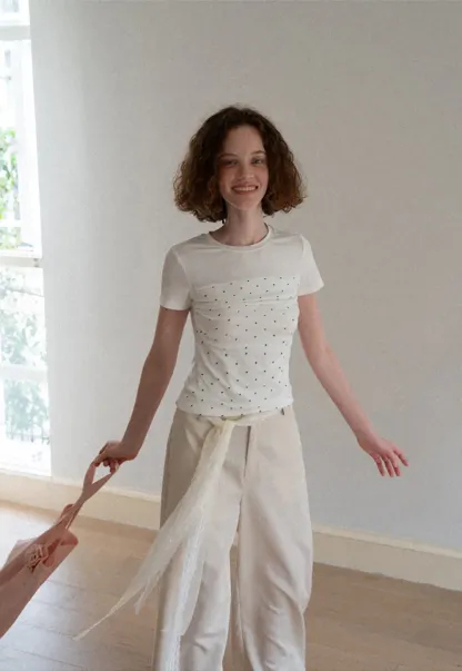 Polka Dot Mesh Panel Short Sleeve T Shirt