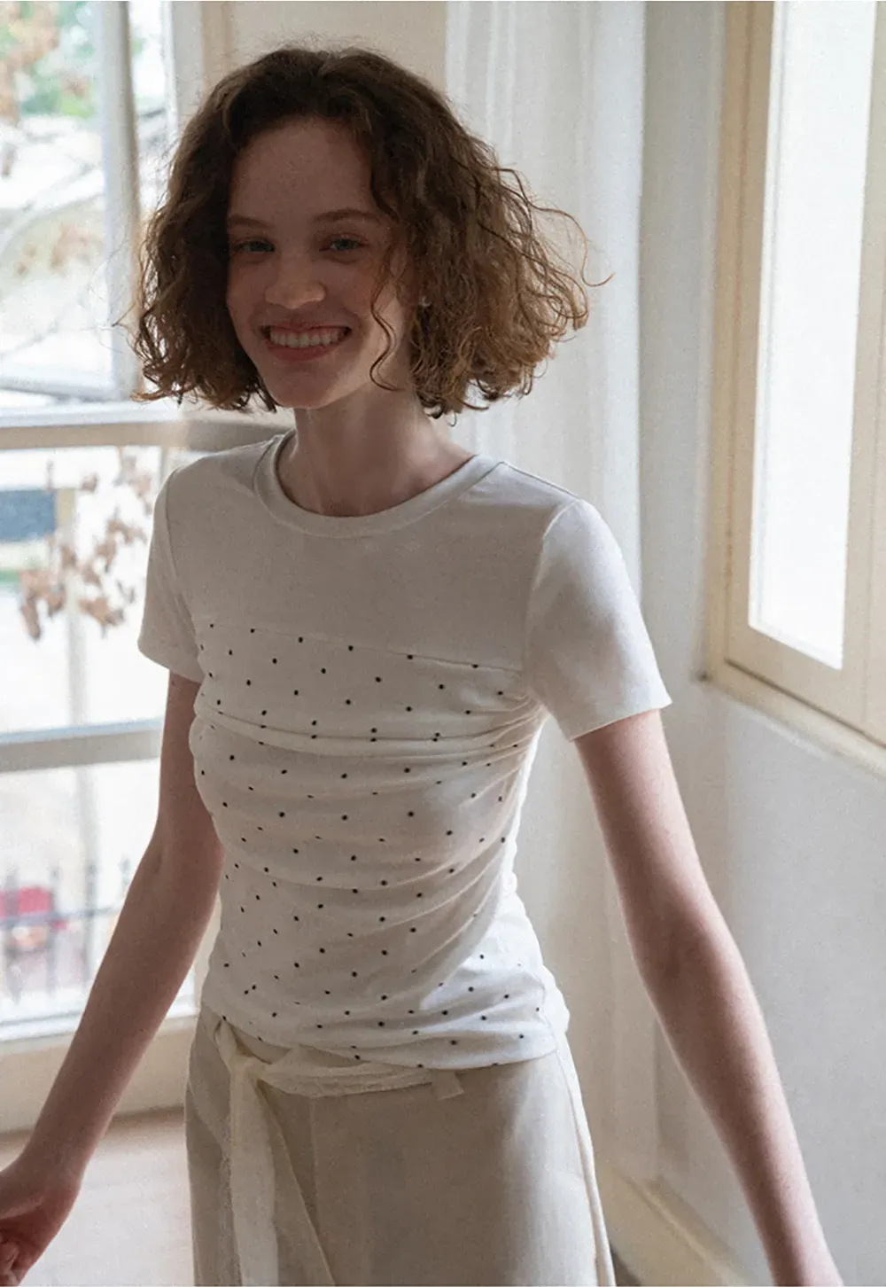 Polka Dot Mesh Panel Short Sleeve T Shirt