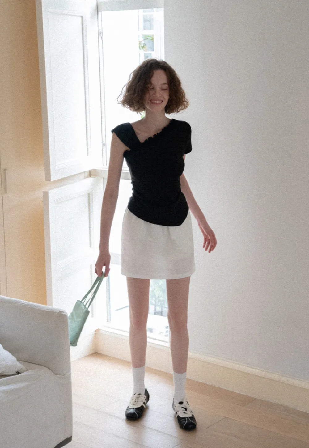 Asymmetrical Ruffled Neck Short Sleeve T Shirt