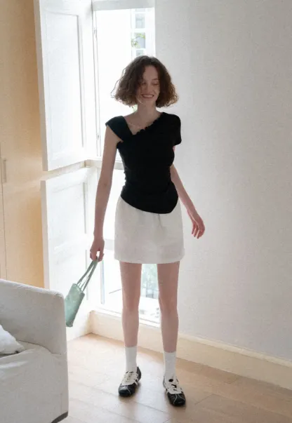 Asymmetrical Ruffled Neck Short Sleeve T Shirt