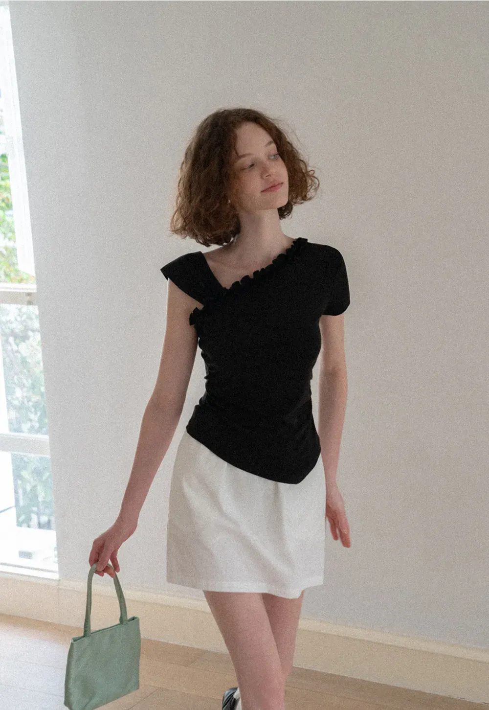 Asymmetrical Ruffled Neck Short Sleeve T Shirt