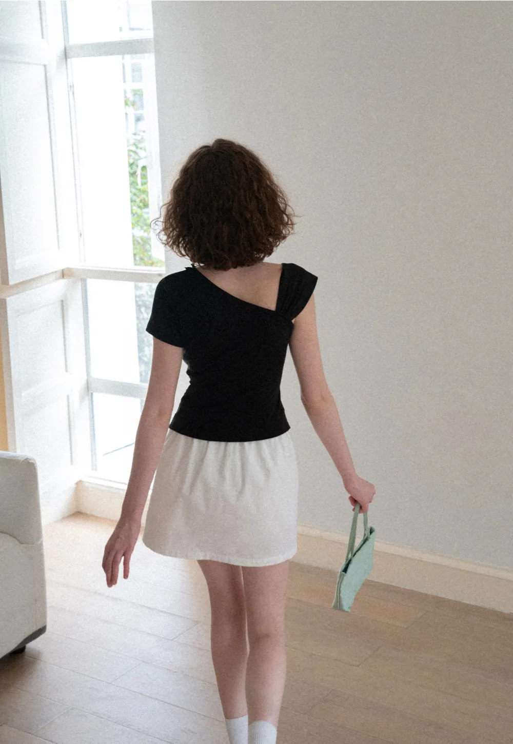 Asymmetrical Ruffled Neck Short Sleeve T Shirt