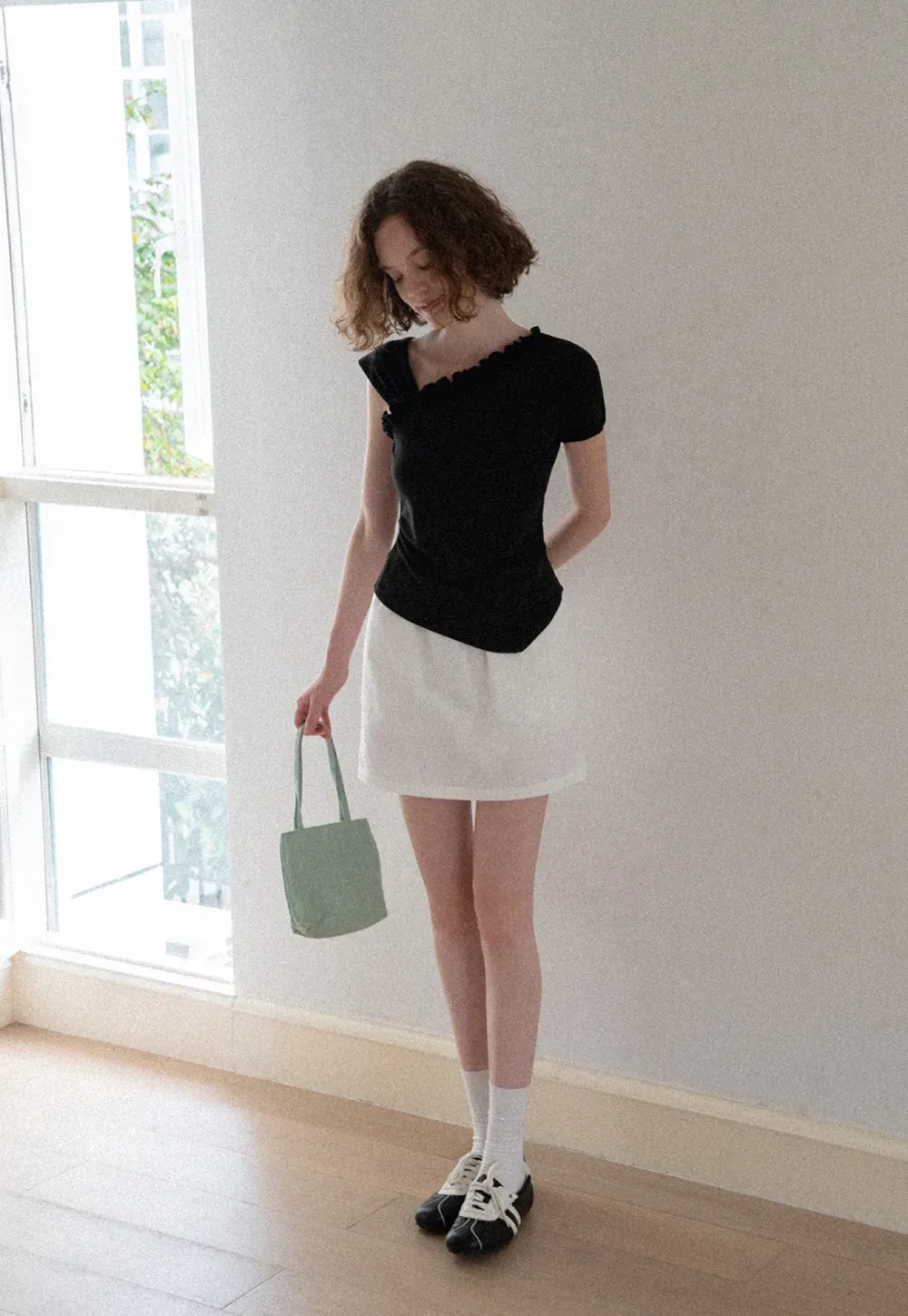 Asymmetrical Ruffled Neck Short Sleeve T Shirt