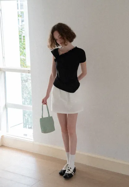 Asymmetrical Ruffled Neck Short Sleeve T Shirt