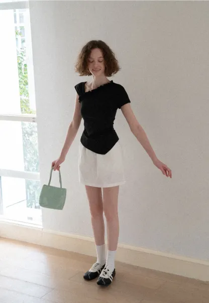 Asymmetrical Ruffled Neck Short Sleeve T Shirt