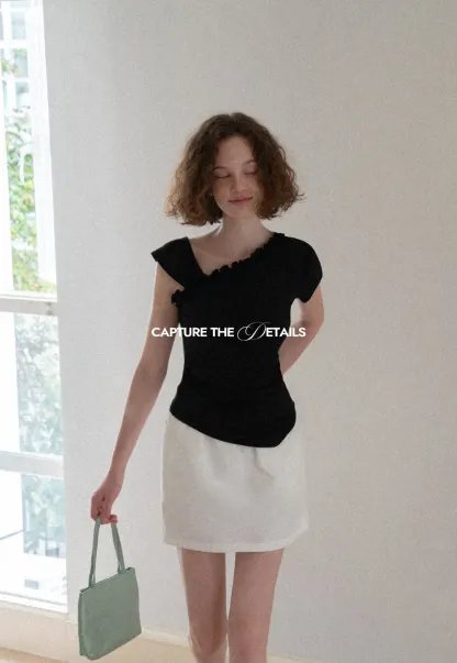 Asymmetrical Ruffled Neck Short Sleeve T Shirt