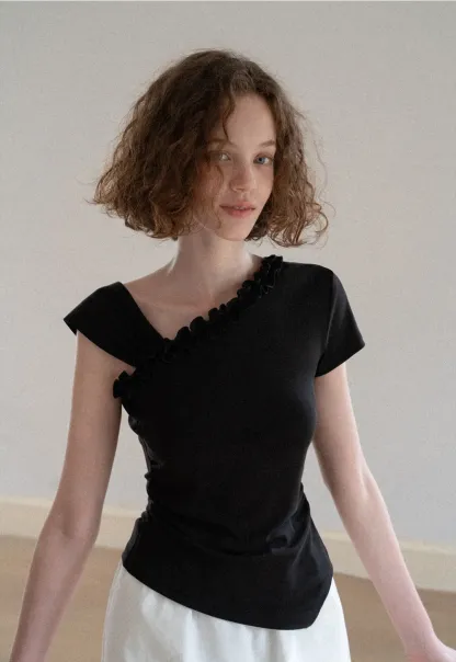 Asymmetrical Ruffled Neck Short Sleeve T Shirt