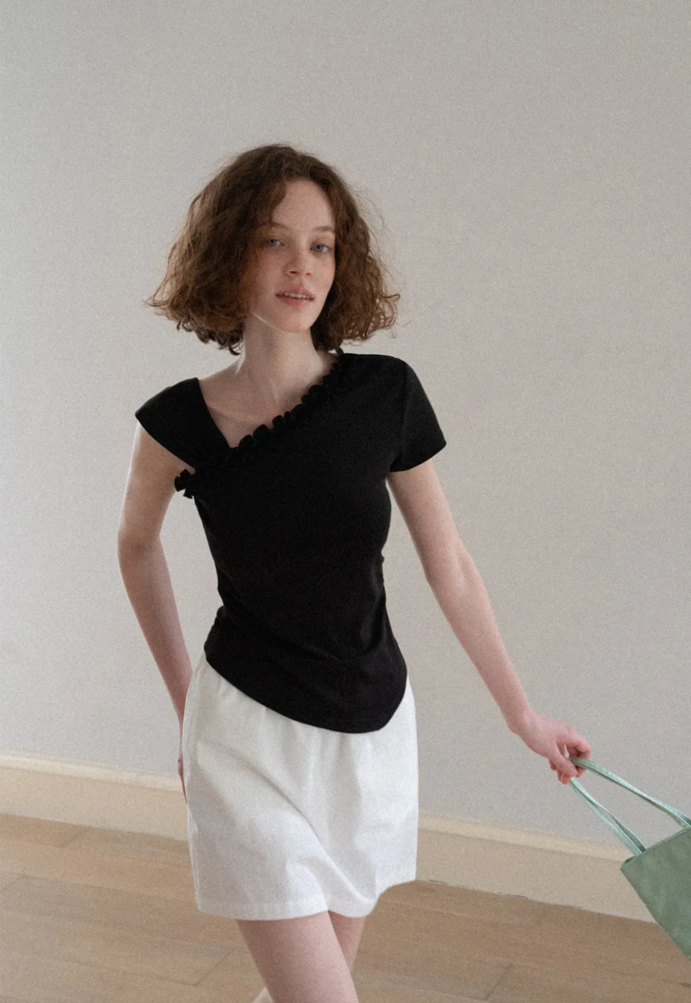 Asymmetrical Ruffled Neck Short Sleeve T Shirt