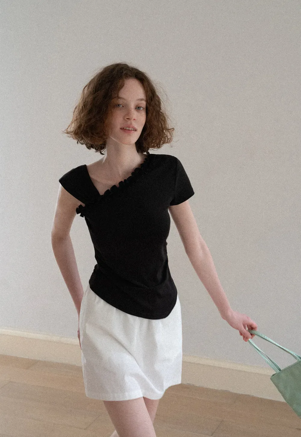 Asymmetrical Ruffled Neck Short Sleeve T Shirt