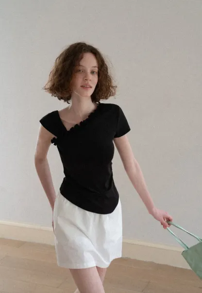 Asymmetrical Ruffled Neck Short Sleeve T Shirt