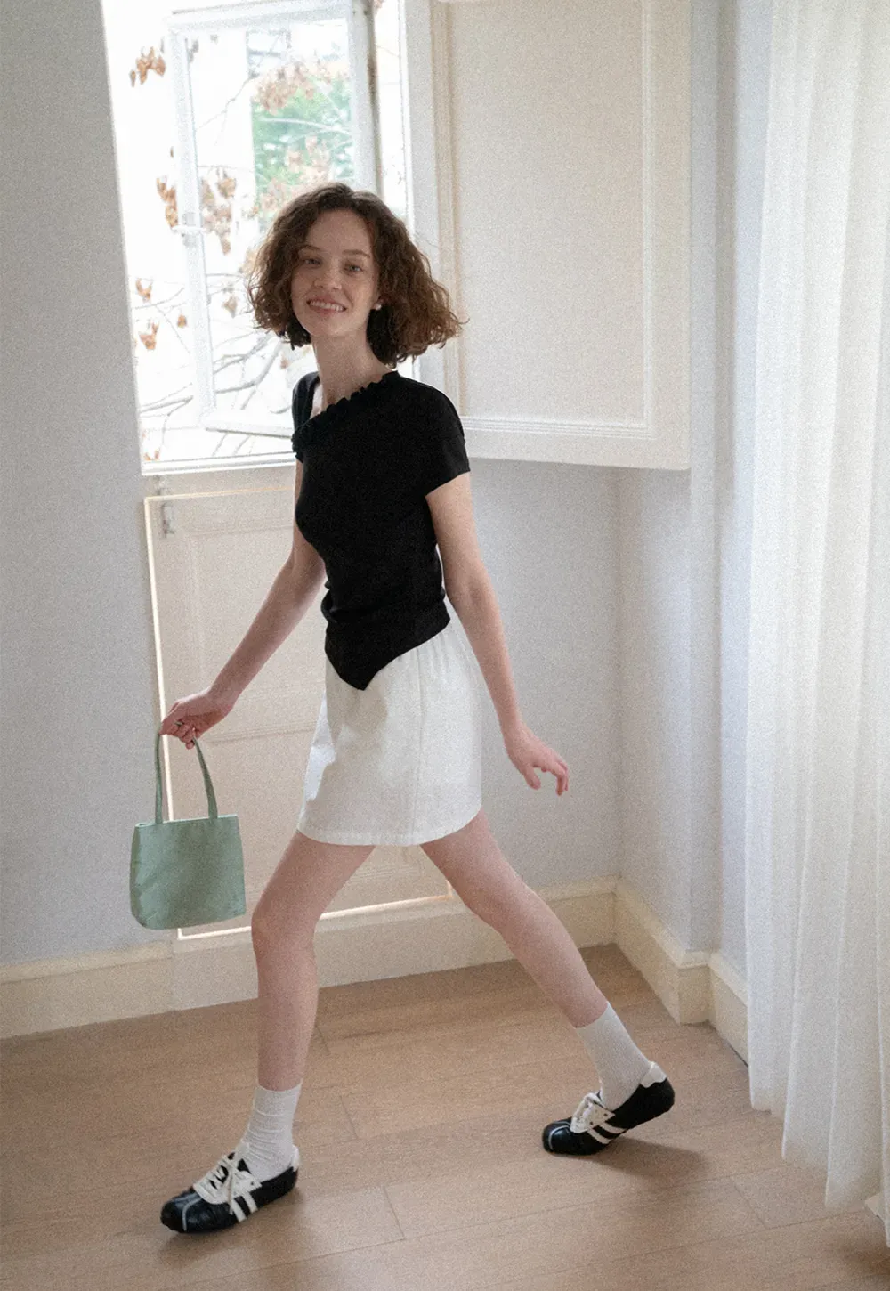 Asymmetrical Ruffled Neck Short Sleeve T Shirt