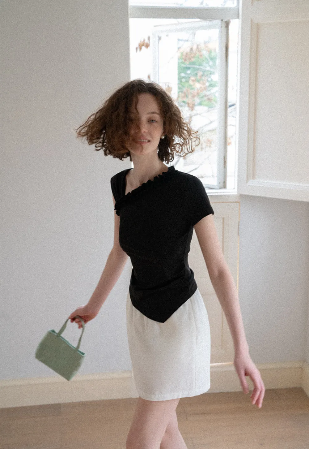 Asymmetrical Ruffled Neck Short Sleeve T Shirt