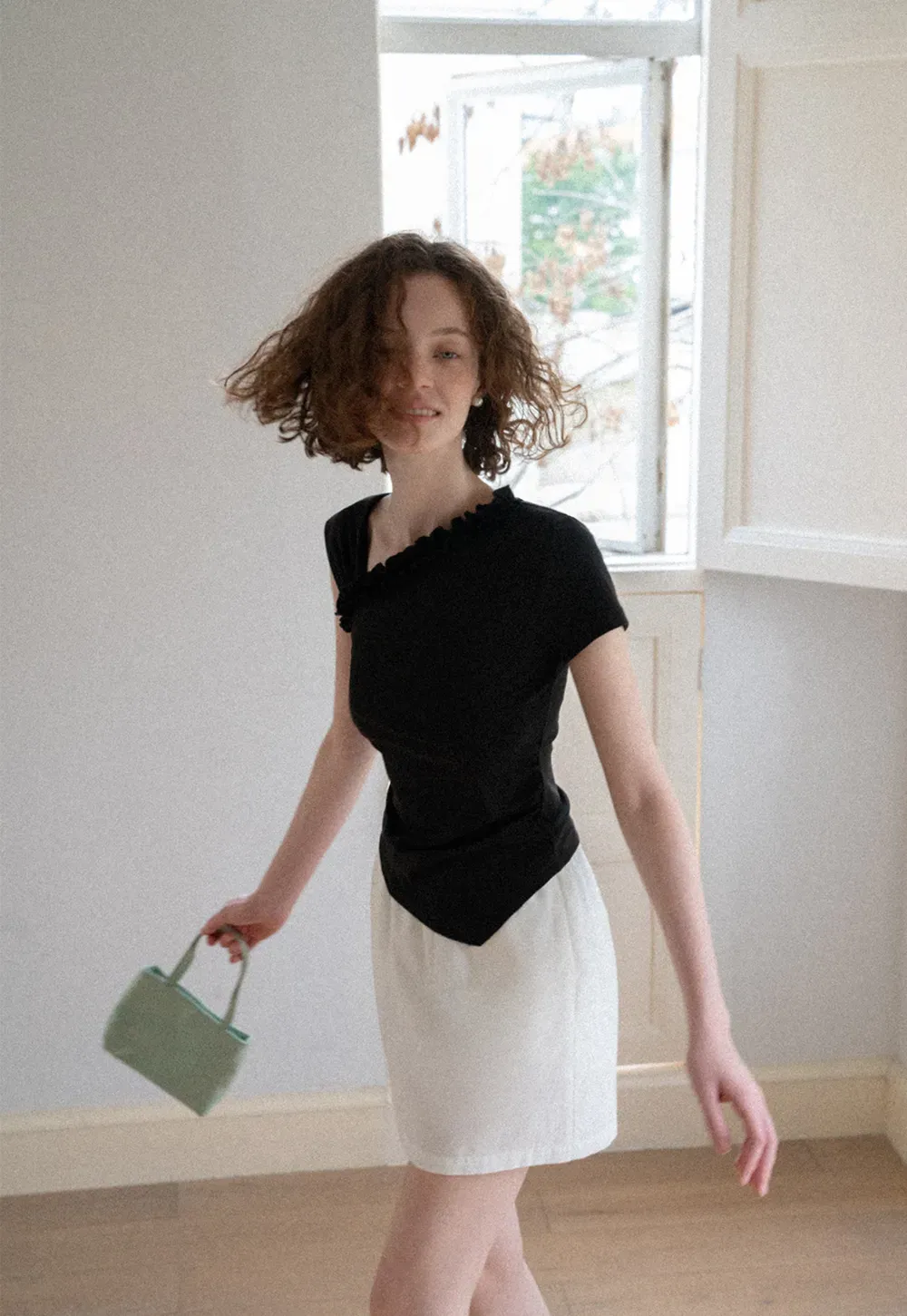 Asymmetrical Ruffled Neck Short Sleeve T Shirt