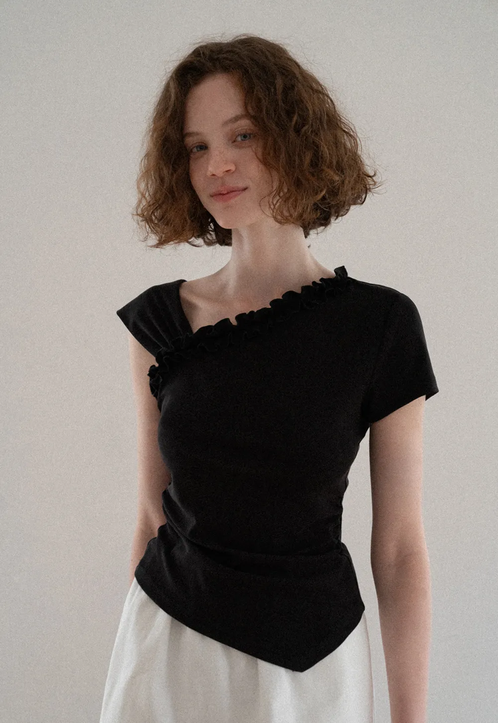 Asymmetrical Ruffled Neck Short Sleeve T Shirt