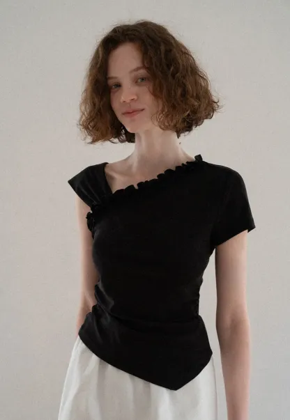 Asymmetrical Ruffled Neck Short Sleeve T Shirt