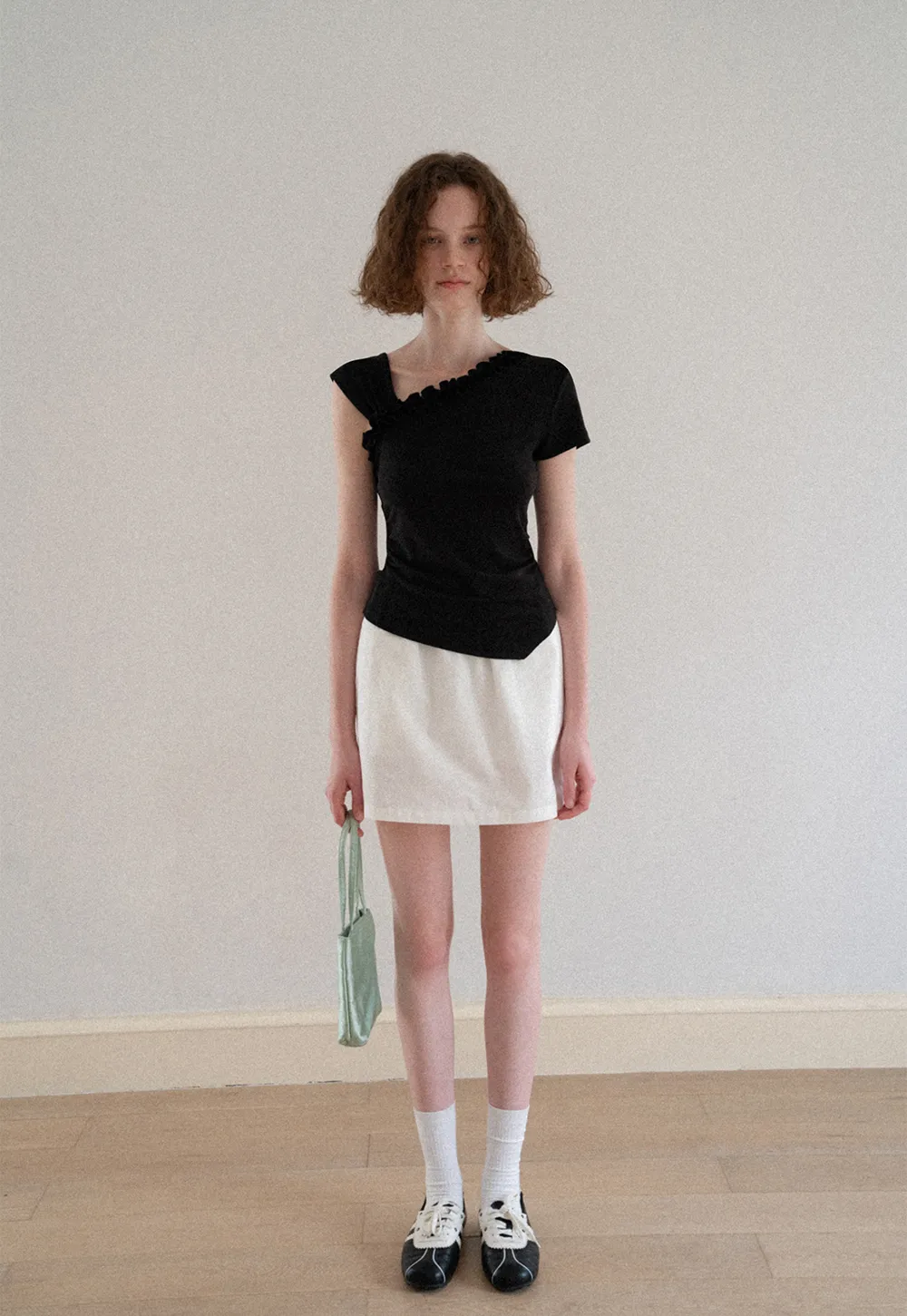 Asymmetrical Ruffled Neck Short Sleeve T Shirt