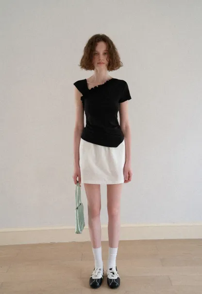 Asymmetrical Ruffled Neck Short Sleeve T Shirt