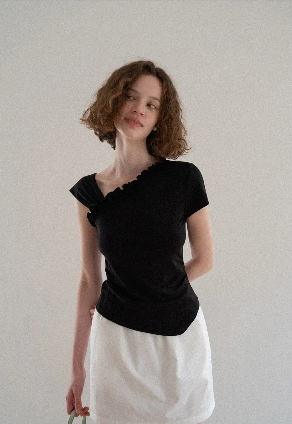 Asymmetrical Ruffled Neck Short Sleeve T Shirt
