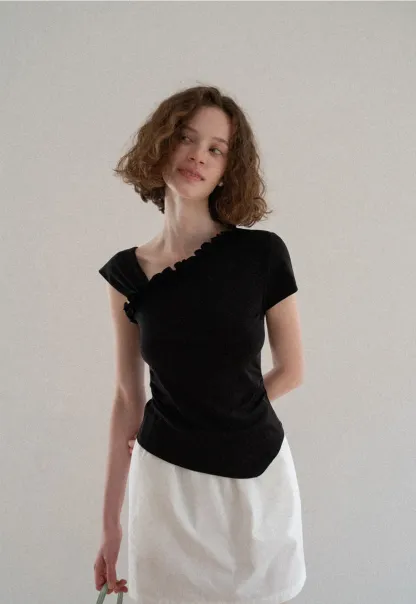 Asymmetrical Ruffled Neck Short Sleeve T Shirt