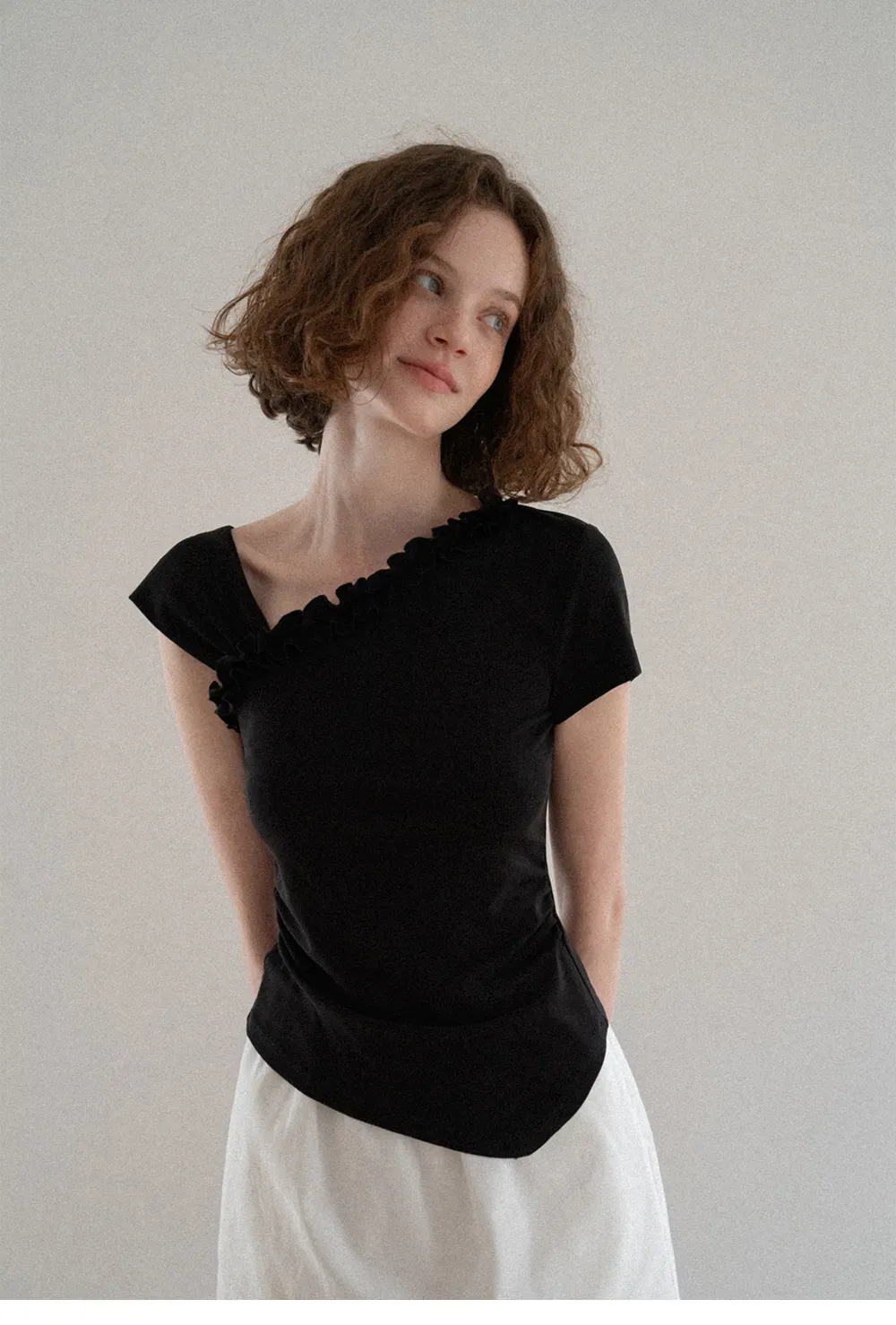 Asymmetrical Ruffled Neck Short Sleeve T Shirt