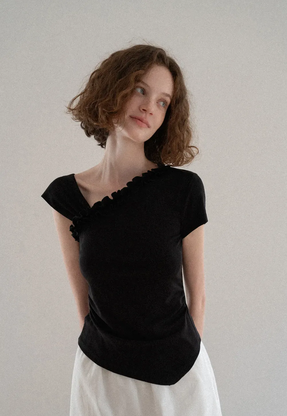 Asymmetrical Ruffled Neck Short Sleeve T Shirt