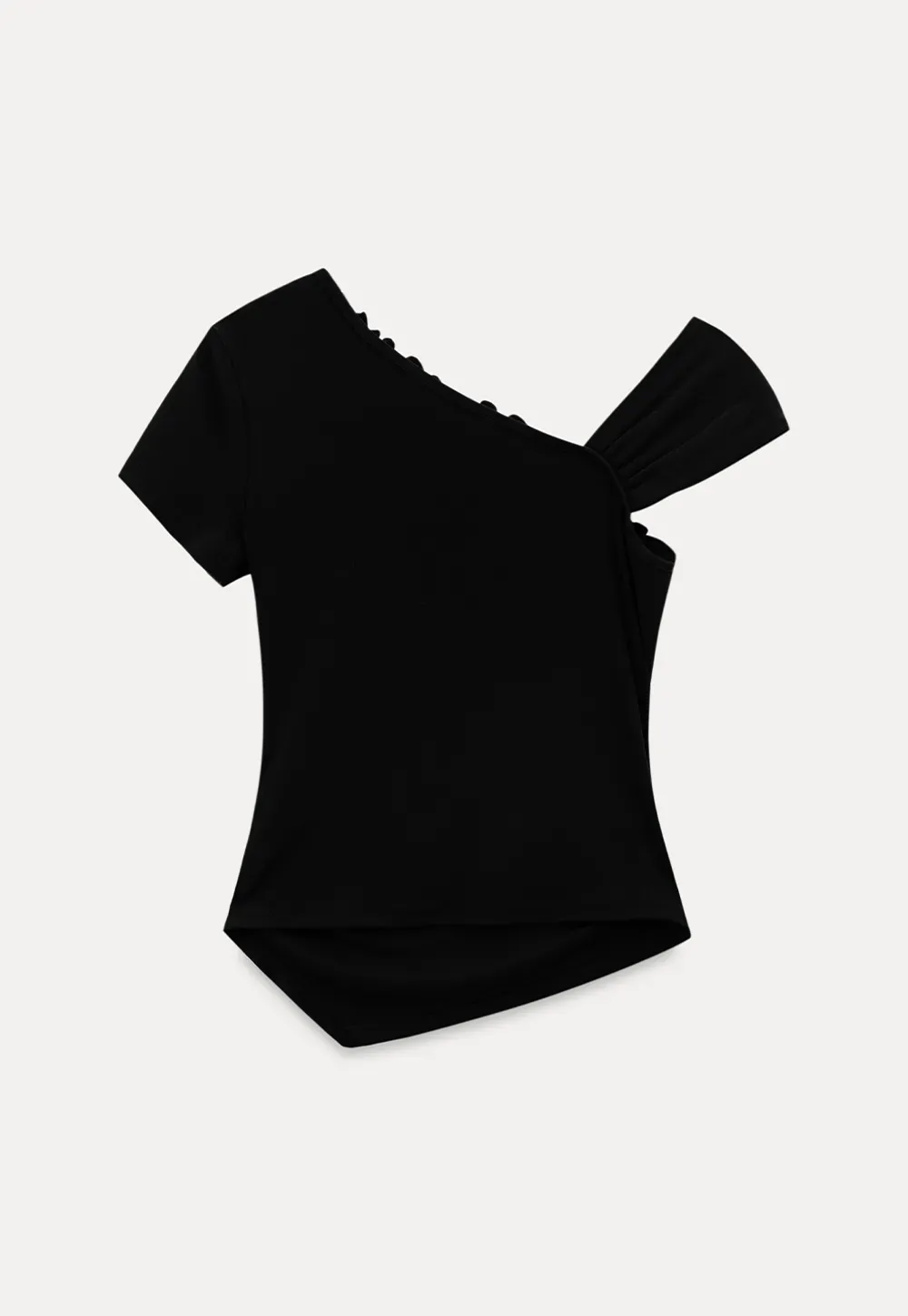 Asymmetrical Ruffled Neck Short Sleeve T Shirt