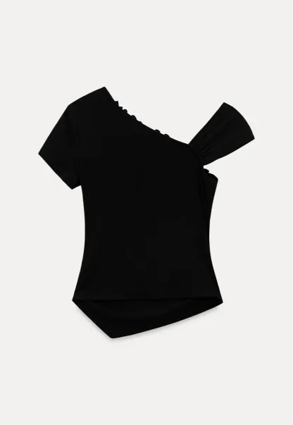 Asymmetrical Ruffled Neck Short Sleeve T Shirt