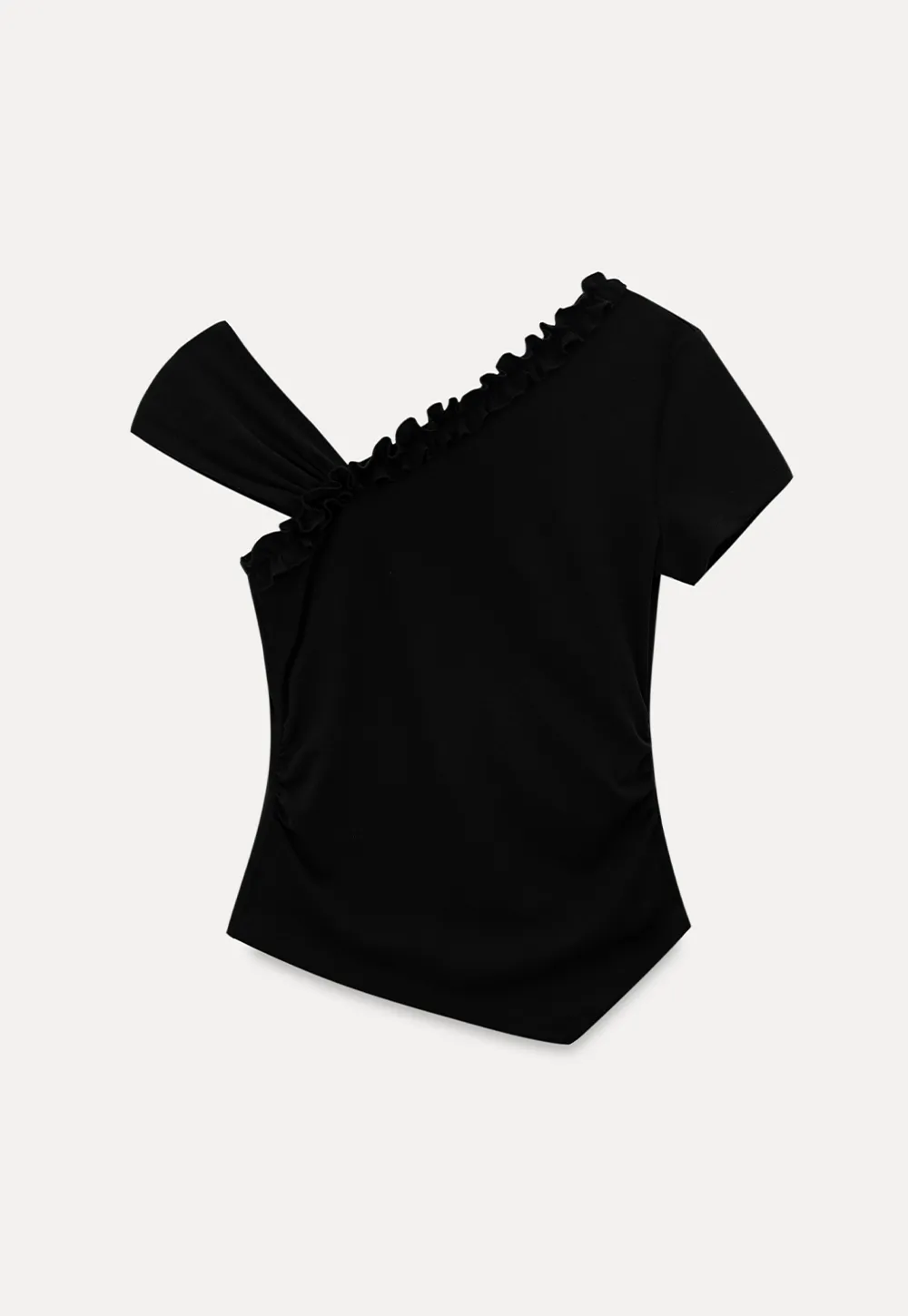 Asymmetrical Ruffled Neck Short Sleeve T Shirt