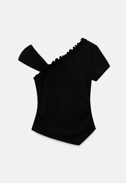 Asymmetrical Ruffled Neck Short Sleeve T Shirt