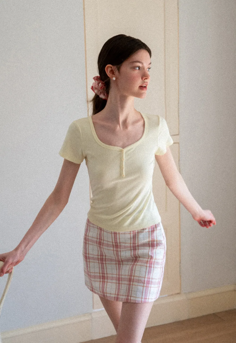 Square Neck Short Sleeve Knit T Shirt